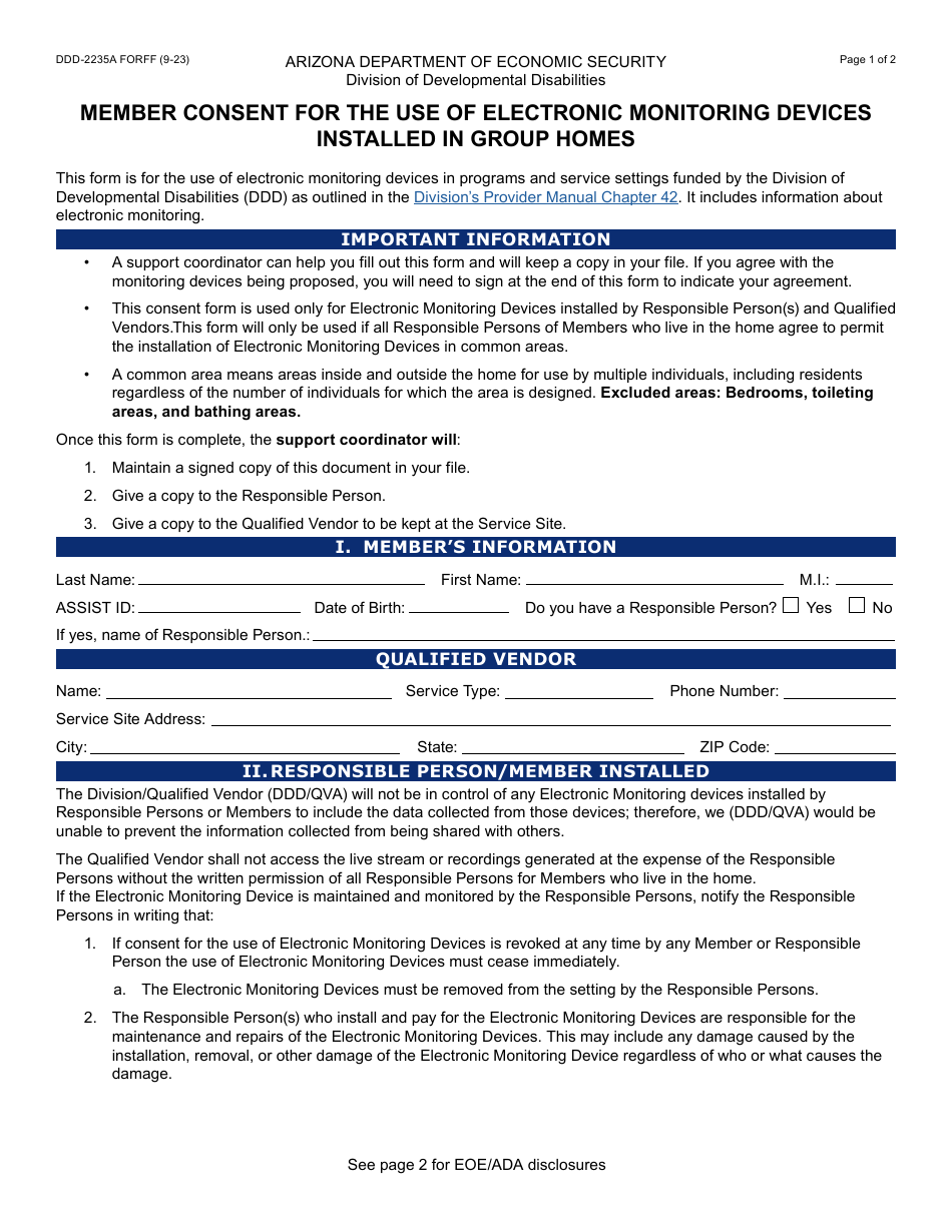 Form DDD-2235A Member Consent for the Use of Electronic Monitoring Devices Installed in Group Homes - Arizona, Page 1