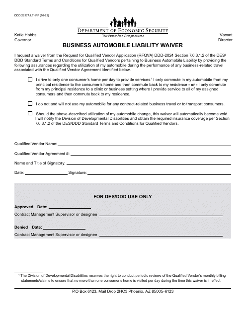 Form DDD-2217A Business Automobile Liability Waiver - Arizona
