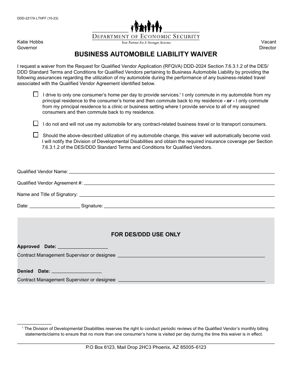 Form DDD-2217A Business Automobile Liability Waiver - Arizona, Page 1