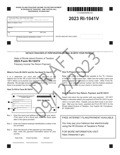 Form RI-1041V Fiduciary Income Tax Return Voucher Payment - Draft - Rhode Island, 2023