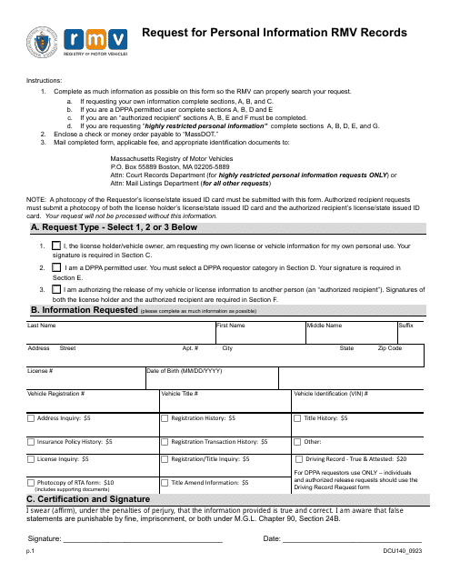 Form DCU140 Request for Personal Information Rmv Records - Massachusetts