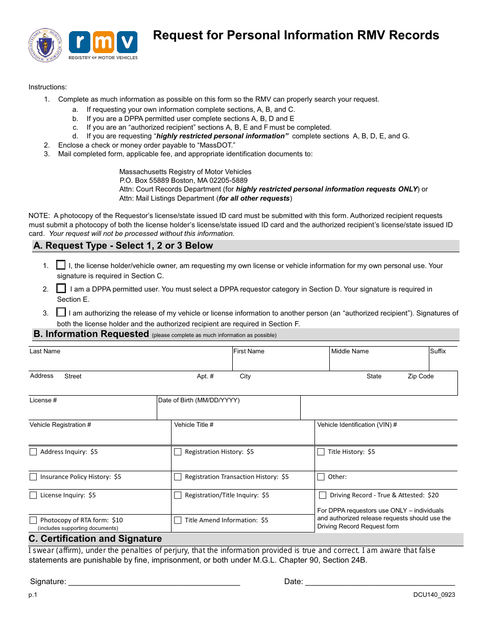 Form DCU140 Request for Personal Information Rmv Records - Massachusetts, Page 1
