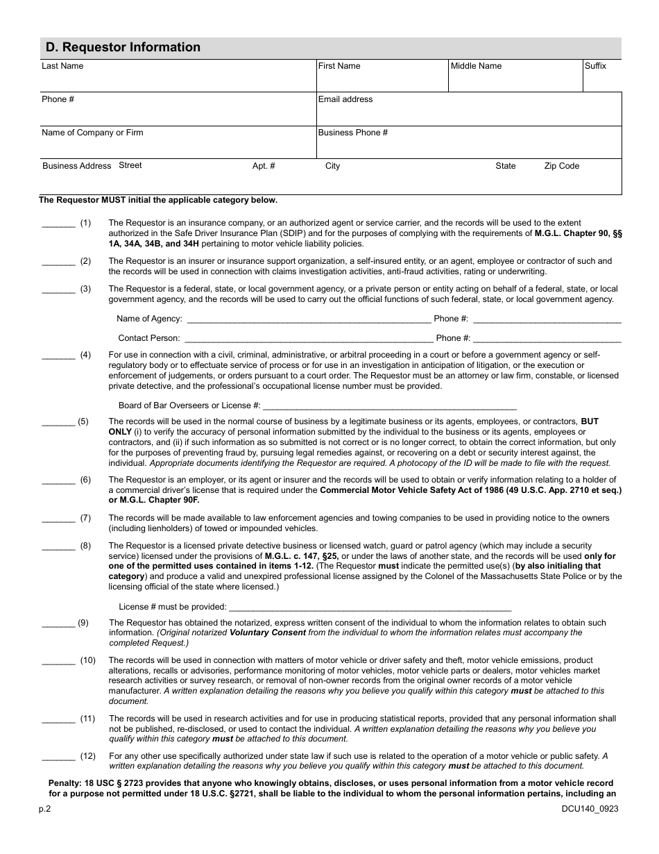 Form DCU140 Request for Personal Information Rmv Records - Massachusetts, Page 2