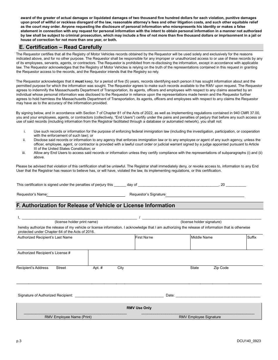 Form DCU140 Request for Personal Information Rmv Records - Massachusetts, Page 3
