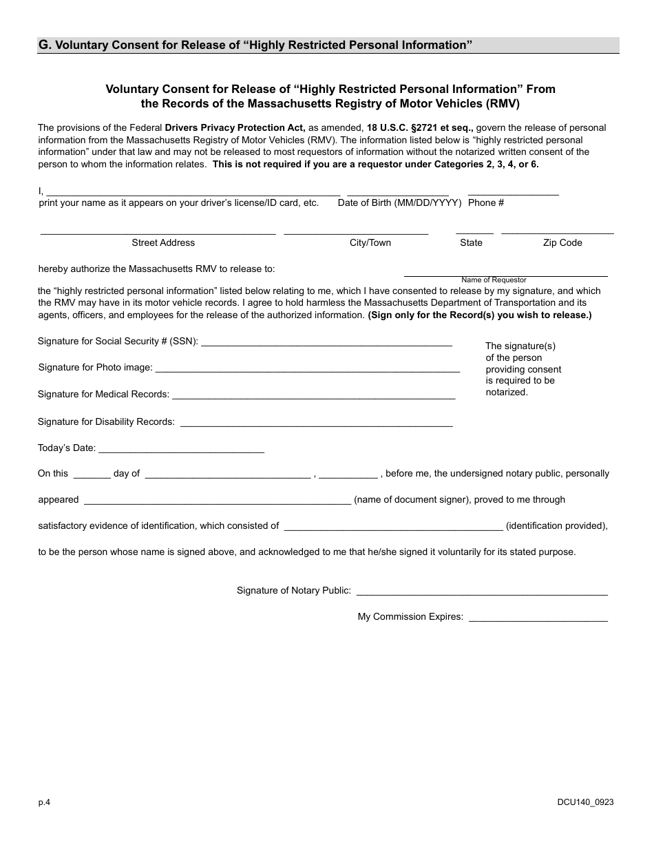Form DCU140 Request for Personal Information Rmv Records - Massachusetts, Page 4