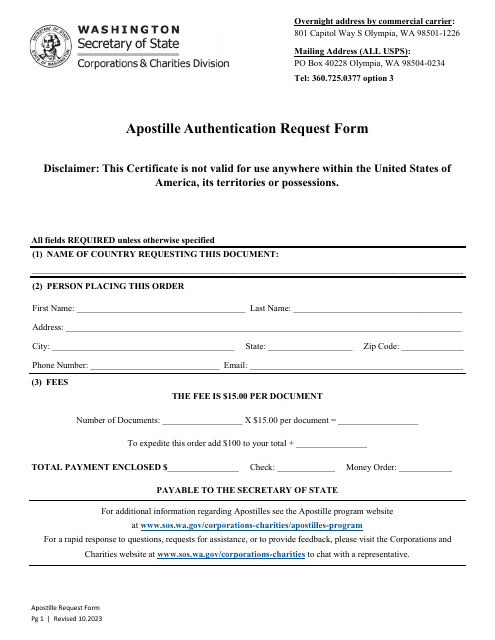 Washington Apostille Authentication Request Form Download Fillable PDF 