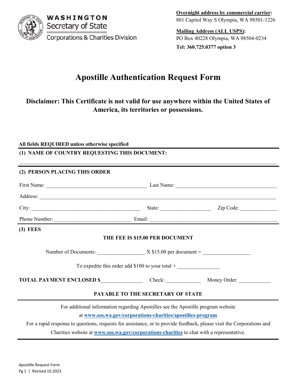 Apostille Authentication Request Form - Washington, Page 1