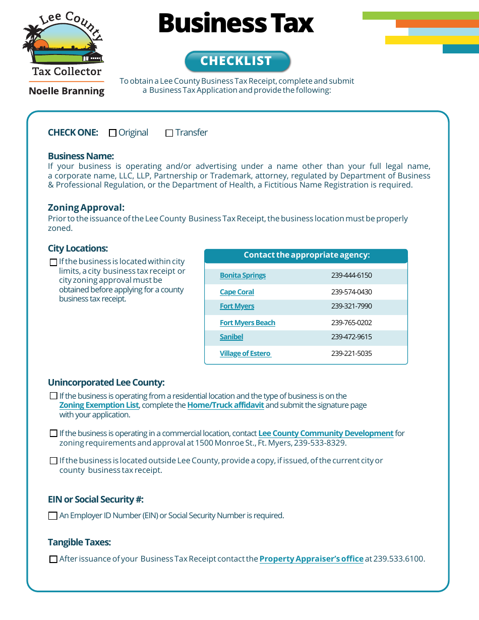 Business Tax Checklist - Lee County, Florida, Page 1