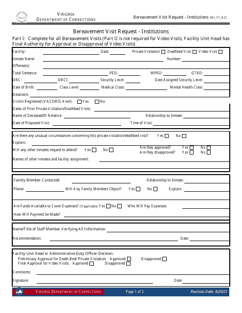 Form 7 Bereavement Visit Request - Institutions - Virginia