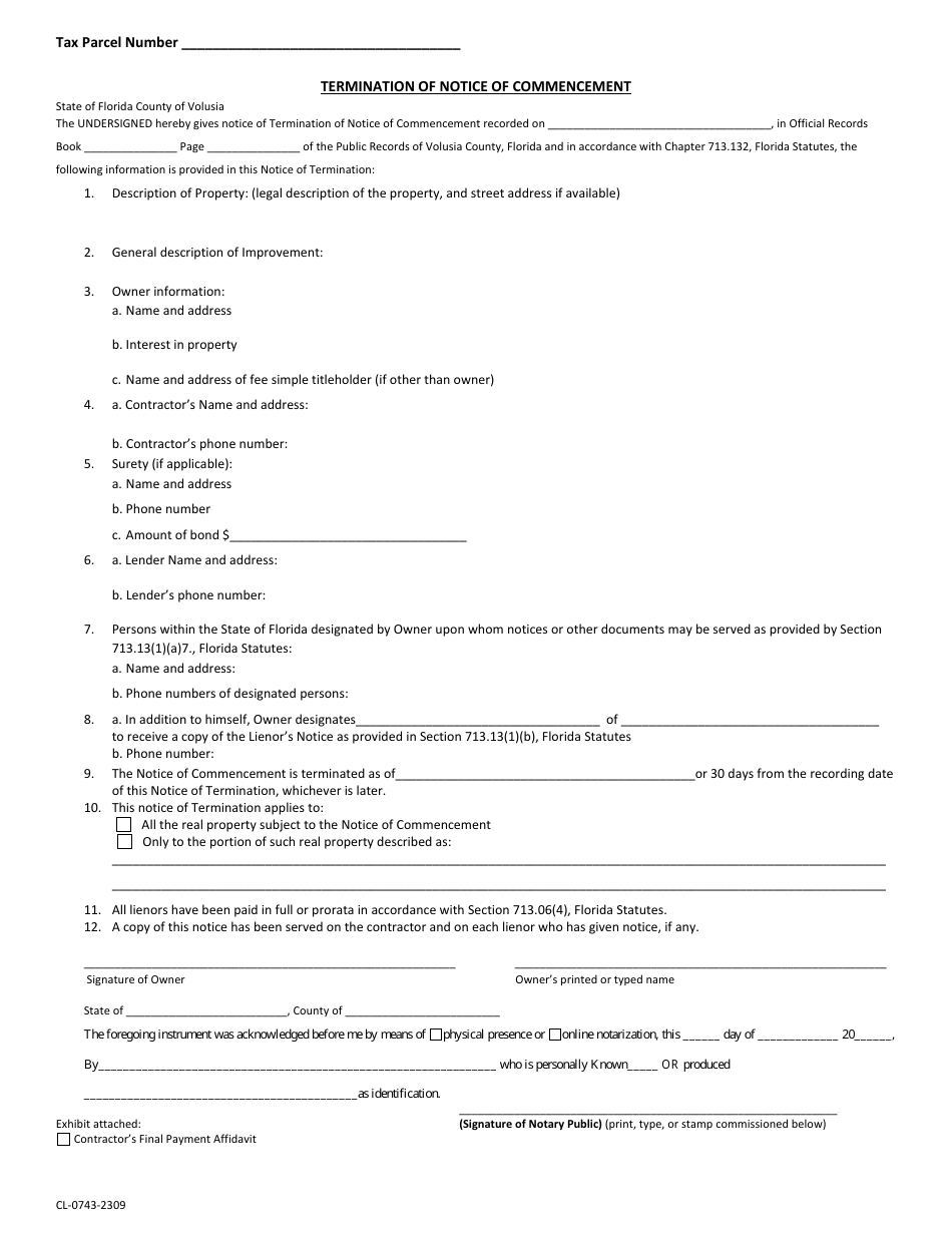 Form CL-0743-2309 Termination of Notice of Commencement - Volusia County, Florida, Page 1