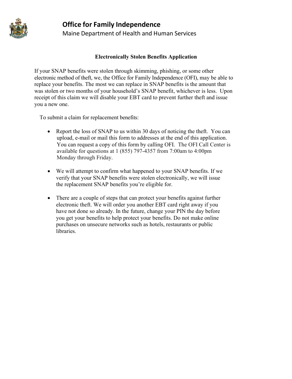 Electronically Stolen Benefits Application - Maine, Page 1
