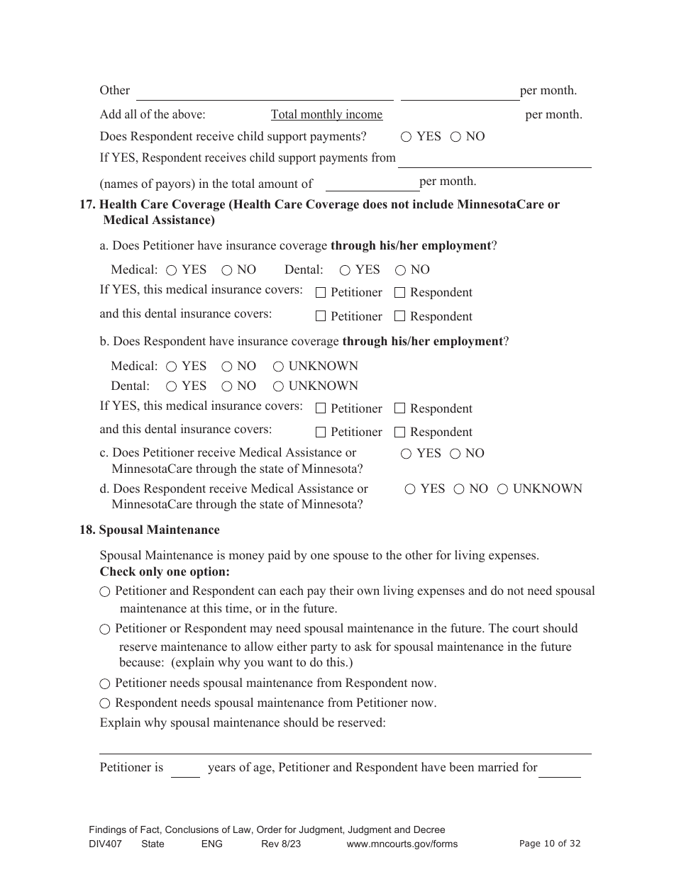 Form DIV407 Findings of Fact, Conclusions of Law, Order for Judgment, Judgment and Decree - Minnesota, Page 10