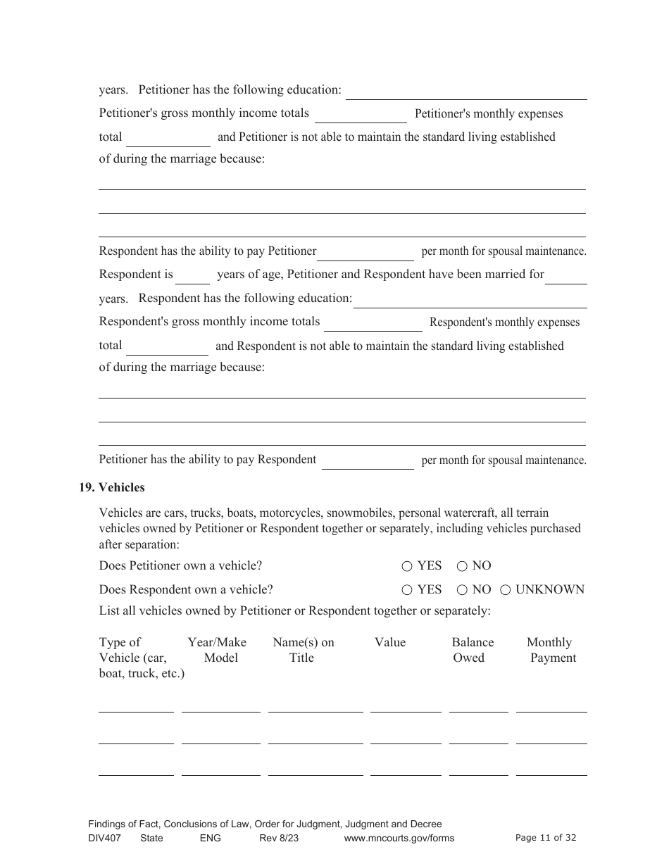 Form DIV407 Findings of Fact, Conclusions of Law, Order for Judgment, Judgment and Decree - Minnesota, Page 11