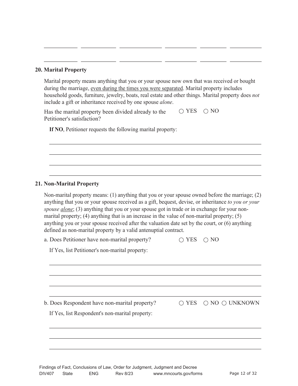 Form DIV407 Findings of Fact, Conclusions of Law, Order for Judgment, Judgment and Decree - Minnesota, Page 12