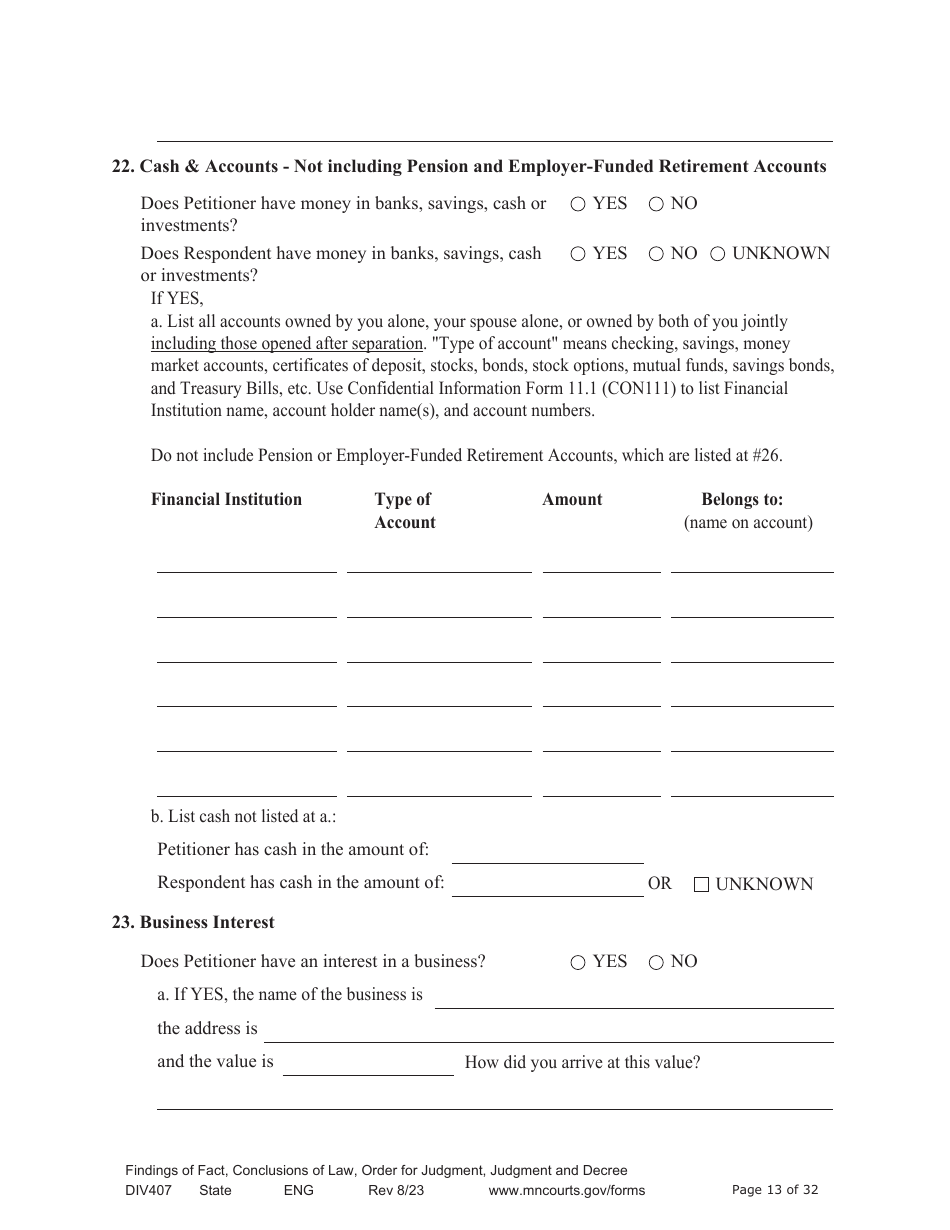 Form DIV407 Findings of Fact, Conclusions of Law, Order for Judgment, Judgment and Decree - Minnesota, Page 13