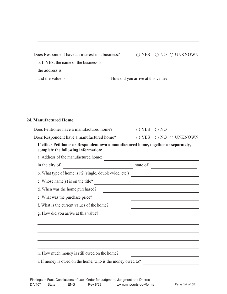 Form DIV407 Findings of Fact, Conclusions of Law, Order for Judgment, Judgment and Decree - Minnesota, Page 14