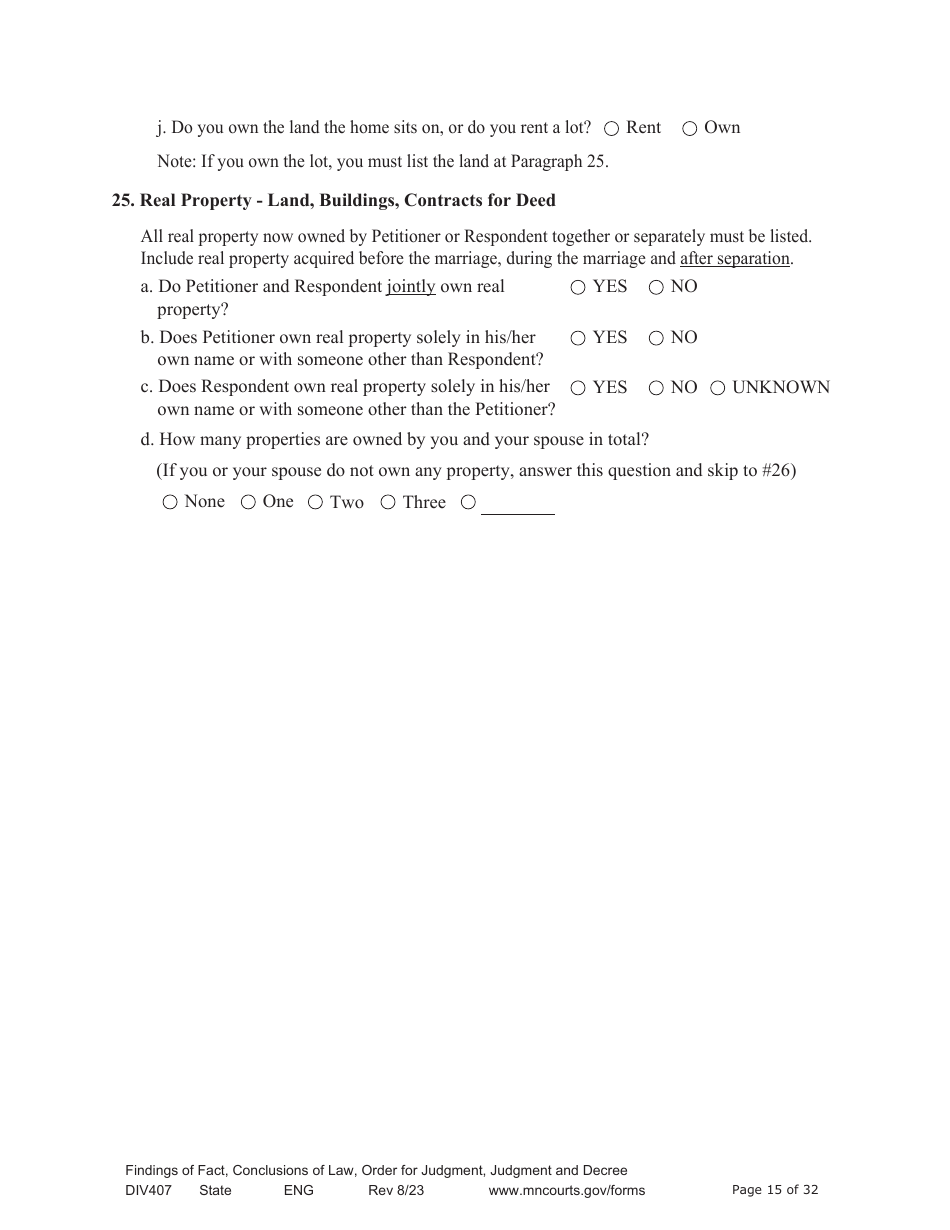 Form DIV407 Findings of Fact, Conclusions of Law, Order for Judgment, Judgment and Decree - Minnesota, Page 15