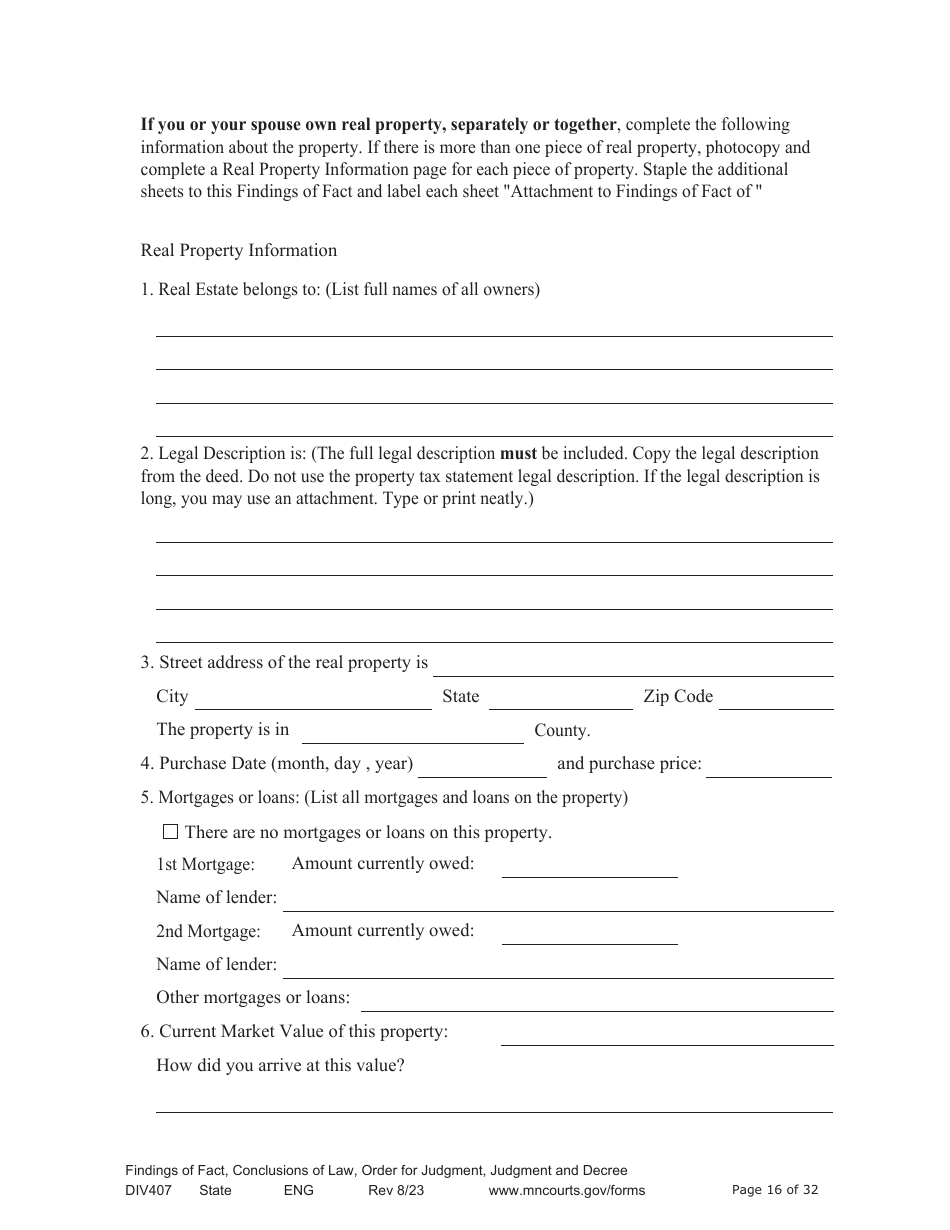 Form DIV407 Findings of Fact, Conclusions of Law, Order for Judgment, Judgment and Decree - Minnesota, Page 16