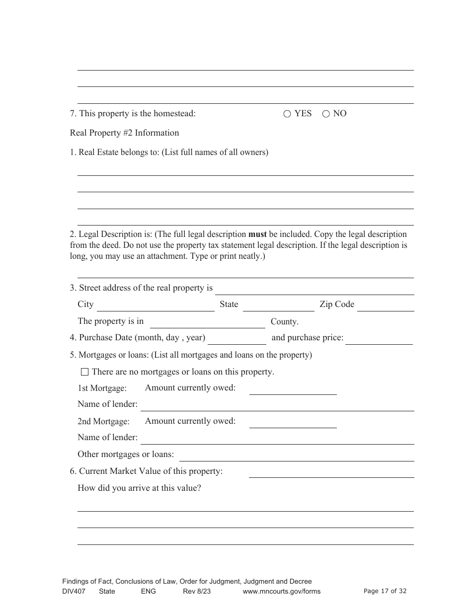 Form DIV407 Findings of Fact, Conclusions of Law, Order for Judgment, Judgment and Decree - Minnesota, Page 17