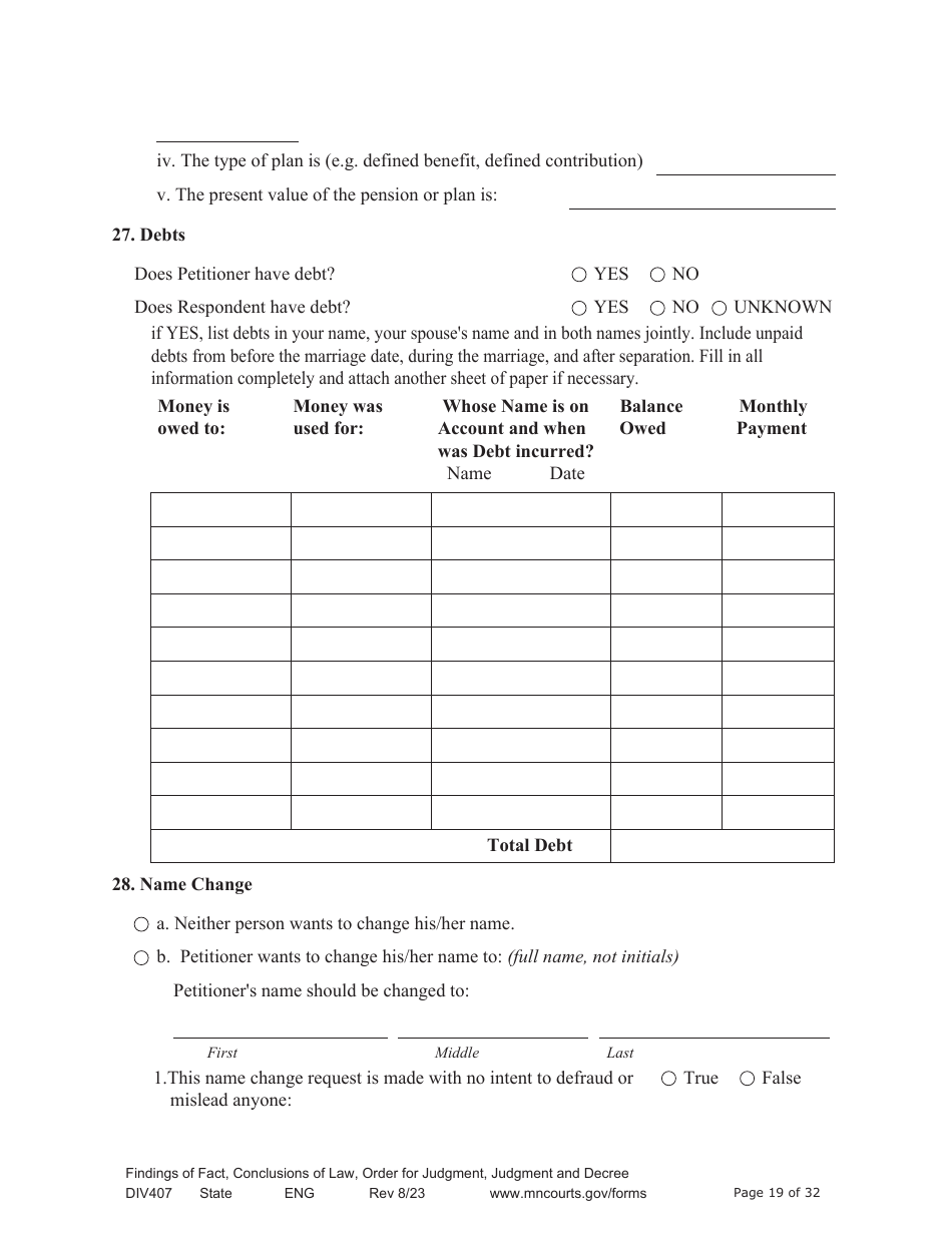Form DIV407 Findings of Fact, Conclusions of Law, Order for Judgment, Judgment and Decree - Minnesota, Page 19