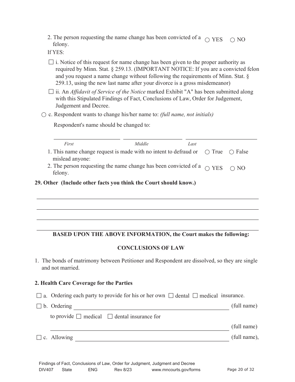 Form DIV407 Findings of Fact, Conclusions of Law, Order for Judgment, Judgment and Decree - Minnesota, Page 20
