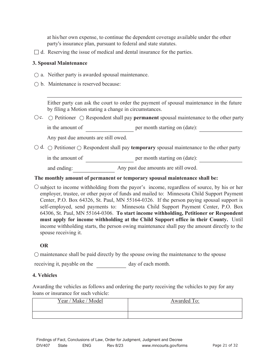 Form DIV407 Findings of Fact, Conclusions of Law, Order for Judgment, Judgment and Decree - Minnesota, Page 21