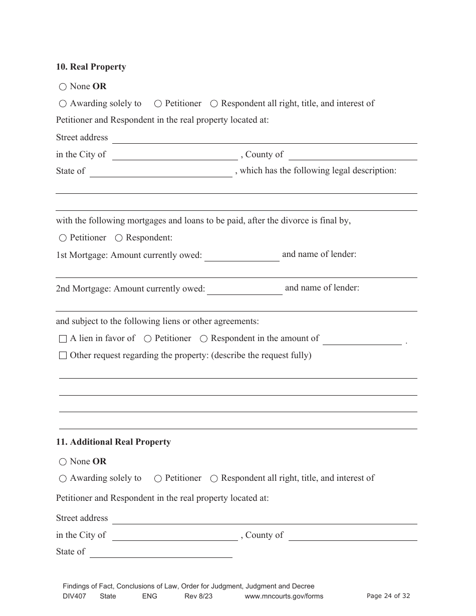 Form DIV407 Findings of Fact, Conclusions of Law, Order for Judgment, Judgment and Decree - Minnesota, Page 24