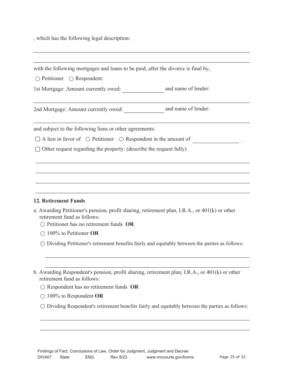Form DIV407 Findings of Fact, Conclusions of Law, Order for Judgment, Judgment and Decree - Minnesota, Page 25