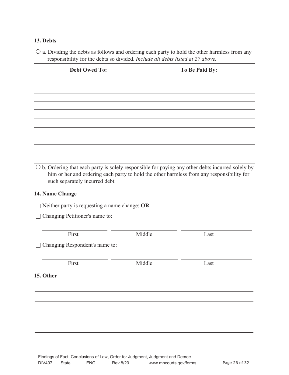 Form DIV407 Findings of Fact, Conclusions of Law, Order for Judgment, Judgment and Decree - Minnesota, Page 26