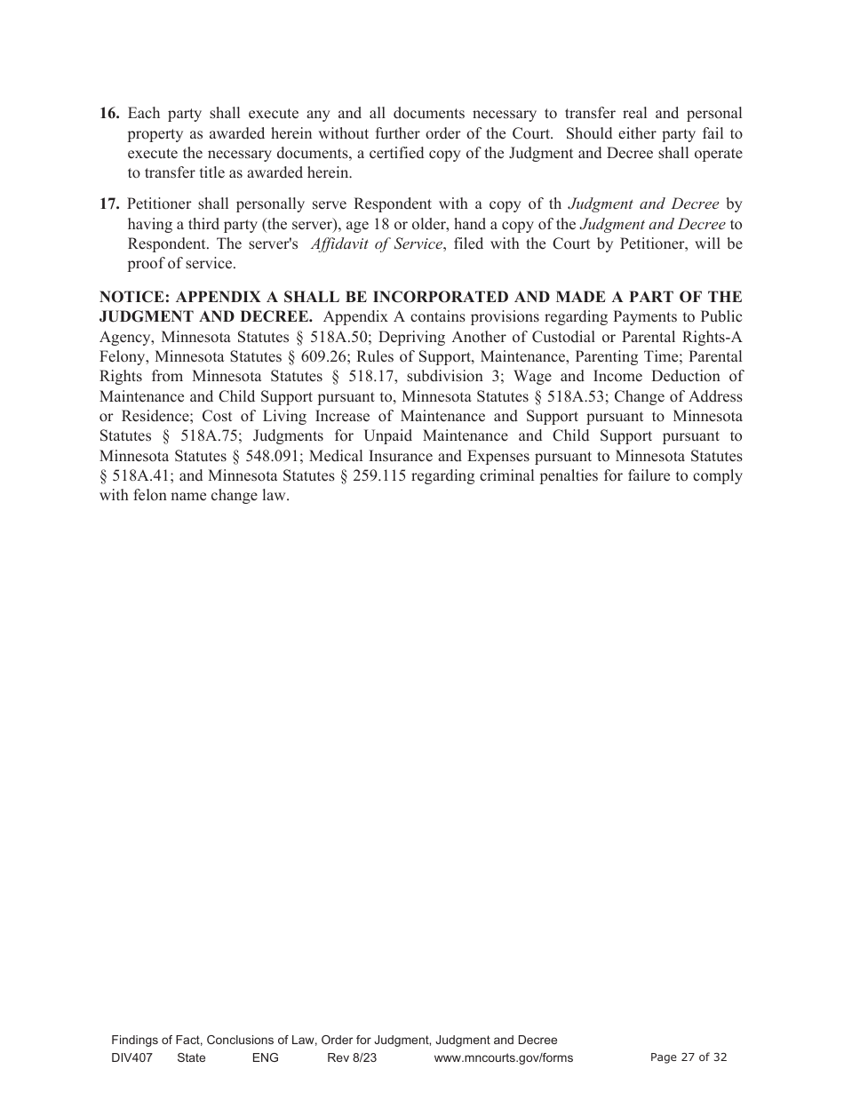 Form DIV407 Findings of Fact, Conclusions of Law, Order for Judgment, Judgment and Decree - Minnesota, Page 27
