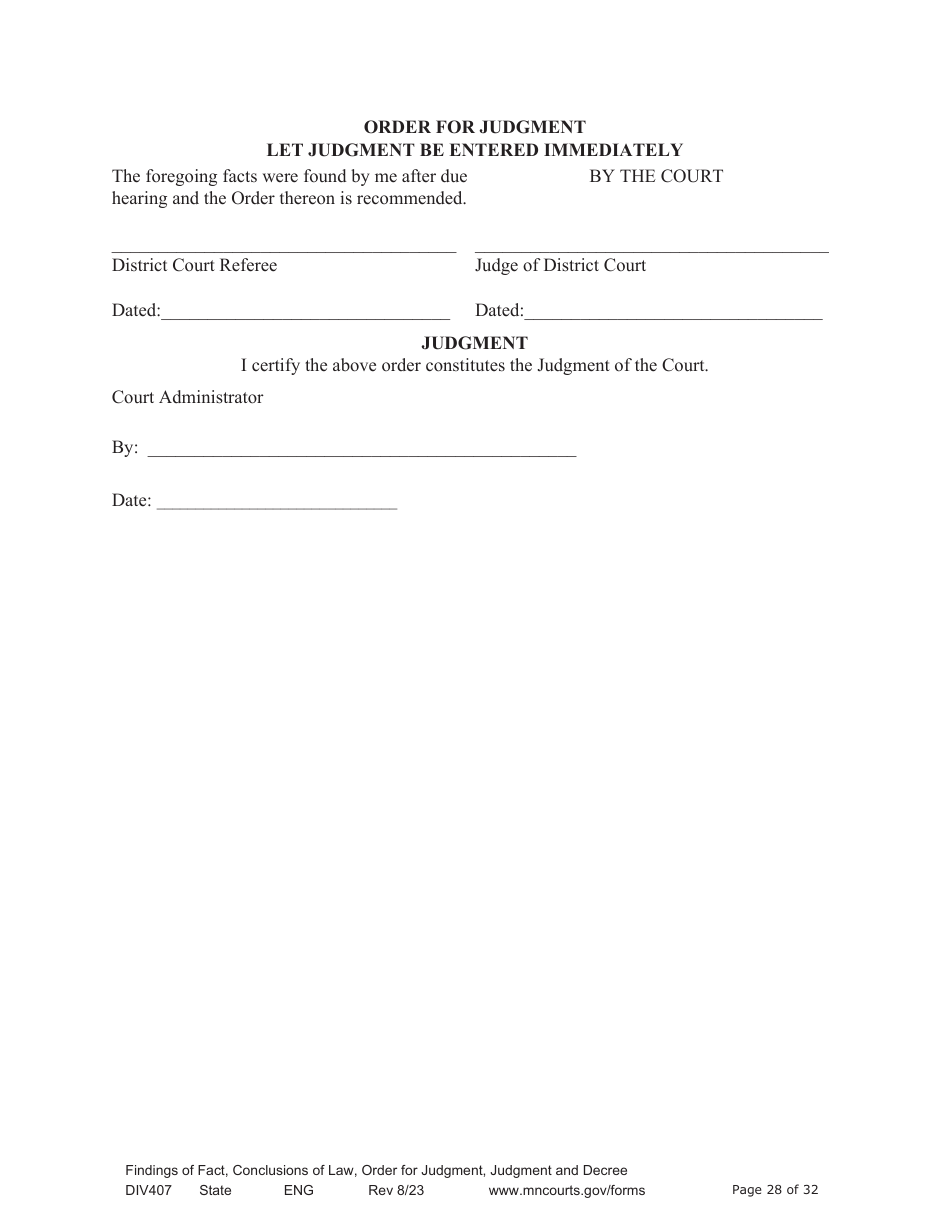 Form DIV407 Findings of Fact, Conclusions of Law, Order for Judgment, Judgment and Decree - Minnesota, Page 28