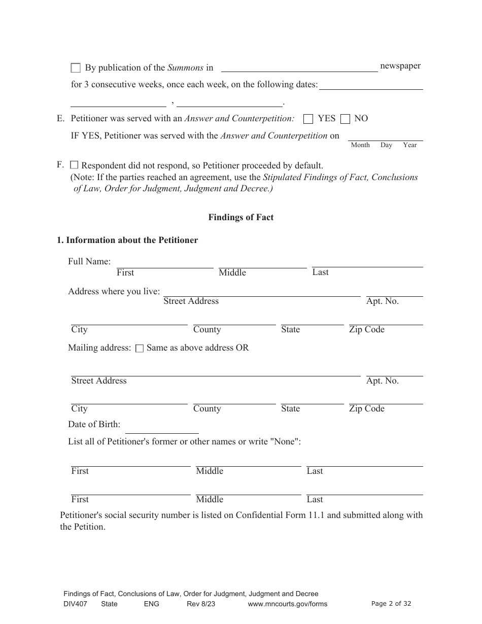 Form DIV407 Findings of Fact, Conclusions of Law, Order for Judgment, Judgment and Decree - Minnesota, Page 2
