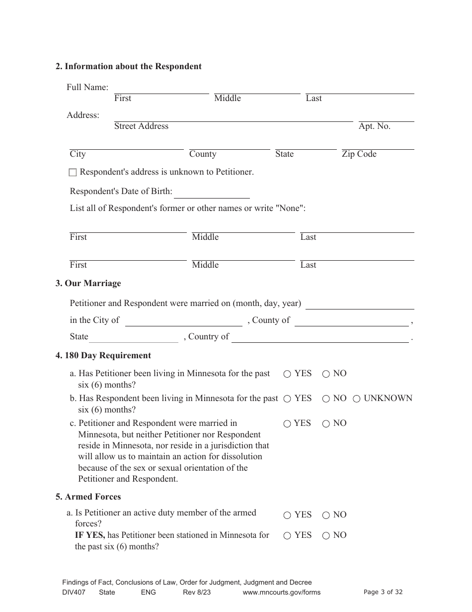 Form DIV407 Findings of Fact, Conclusions of Law, Order for Judgment, Judgment and Decree - Minnesota, Page 3