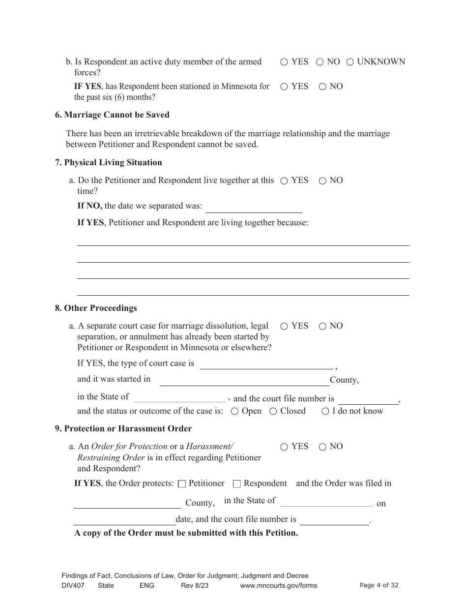 Form DIV407 Findings of Fact, Conclusions of Law, Order for Judgment, Judgment and Decree - Minnesota, Page 4