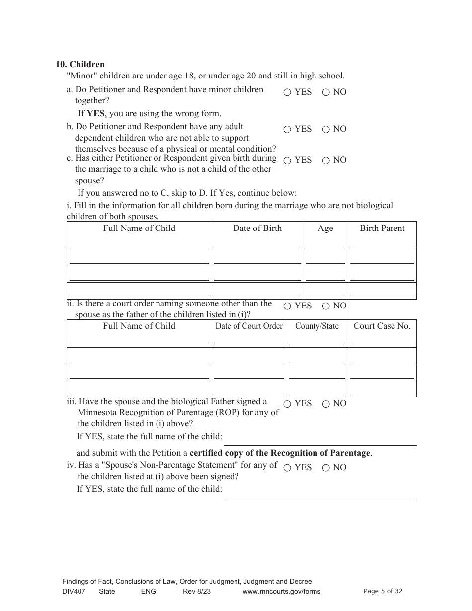 Form DIV407 Findings of Fact, Conclusions of Law, Order for Judgment, Judgment and Decree - Minnesota, Page 5