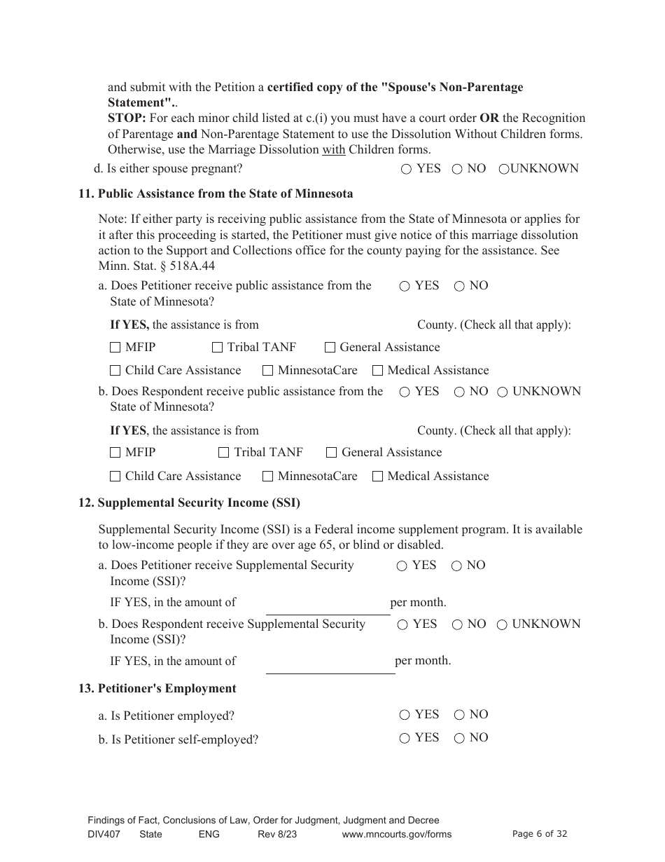 Form DIV407 Findings of Fact, Conclusions of Law, Order for Judgment, Judgment and Decree - Minnesota, Page 6