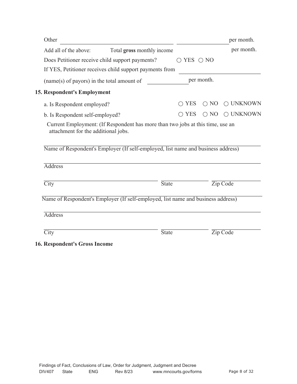 Form DIV407 Findings of Fact, Conclusions of Law, Order for Judgment, Judgment and Decree - Minnesota, Page 8