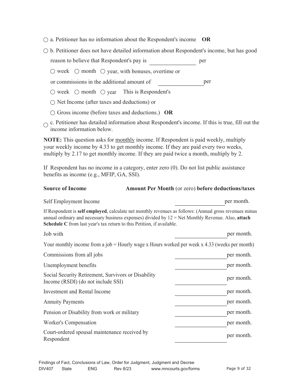 Form DIV407 Findings of Fact, Conclusions of Law, Order for Judgment, Judgment and Decree - Minnesota, Page 9