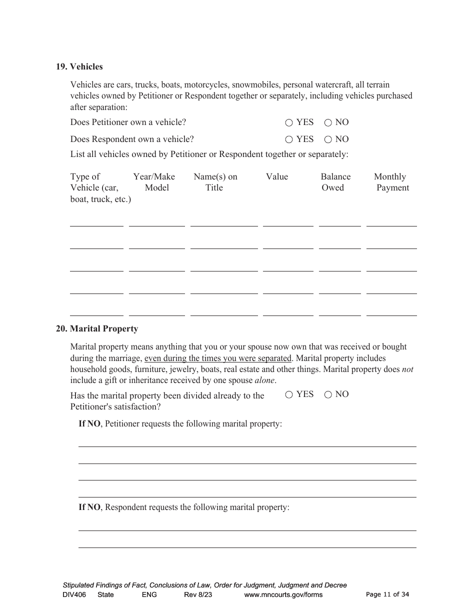 Form DIV406 Stipulated Findings of Fact, Conclusions of Law, Order for Judgment, Judgment and Decree - Minnesota, Page 11