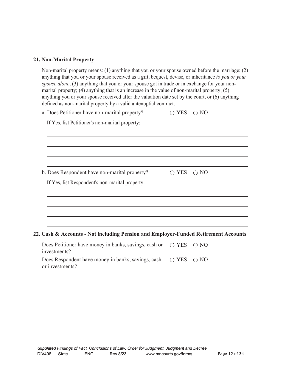 Form DIV406 Stipulated Findings of Fact, Conclusions of Law, Order for Judgment, Judgment and Decree - Minnesota, Page 12