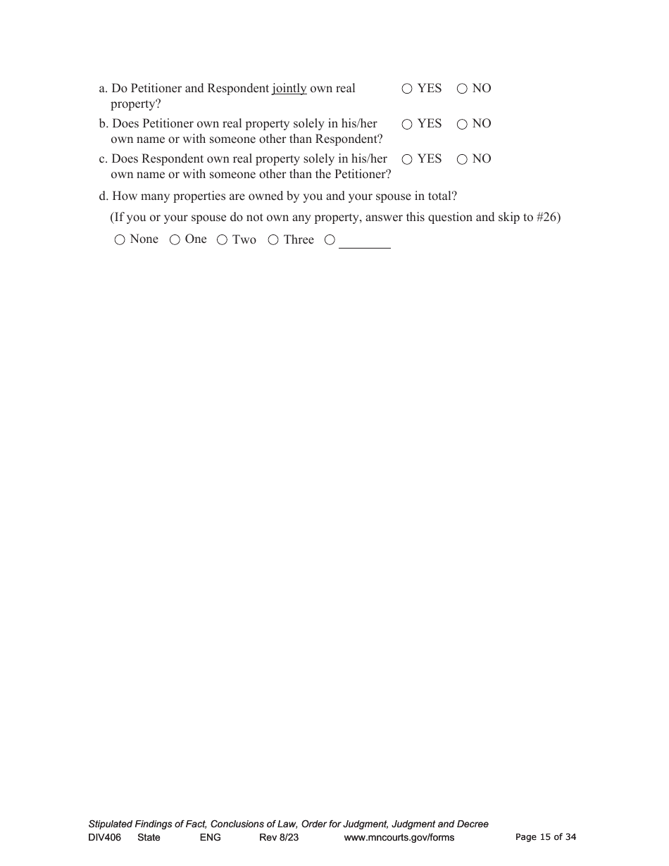 Form DIV406 Stipulated Findings of Fact, Conclusions of Law, Order for Judgment, Judgment and Decree - Minnesota, Page 15