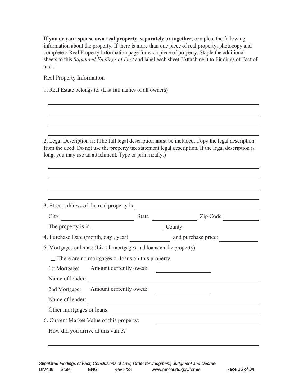 Form DIV406 Stipulated Findings of Fact, Conclusions of Law, Order for Judgment, Judgment and Decree - Minnesota, Page 16