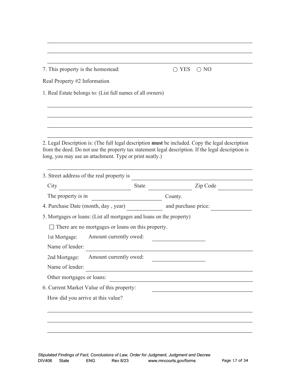 Form DIV406 Stipulated Findings of Fact, Conclusions of Law, Order for Judgment, Judgment and Decree - Minnesota, Page 17