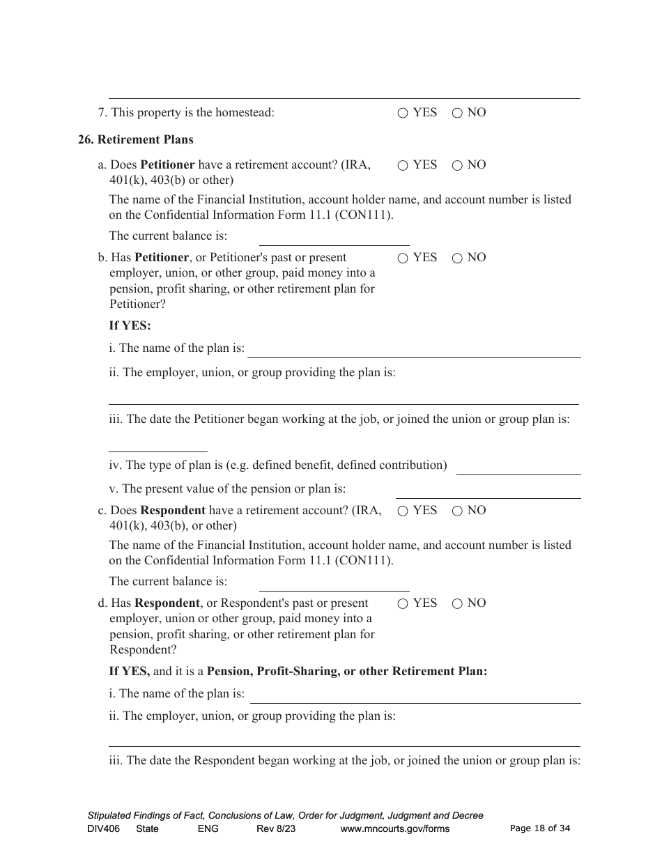 Form DIV406 Stipulated Findings of Fact, Conclusions of Law, Order for Judgment, Judgment and Decree - Minnesota, Page 18