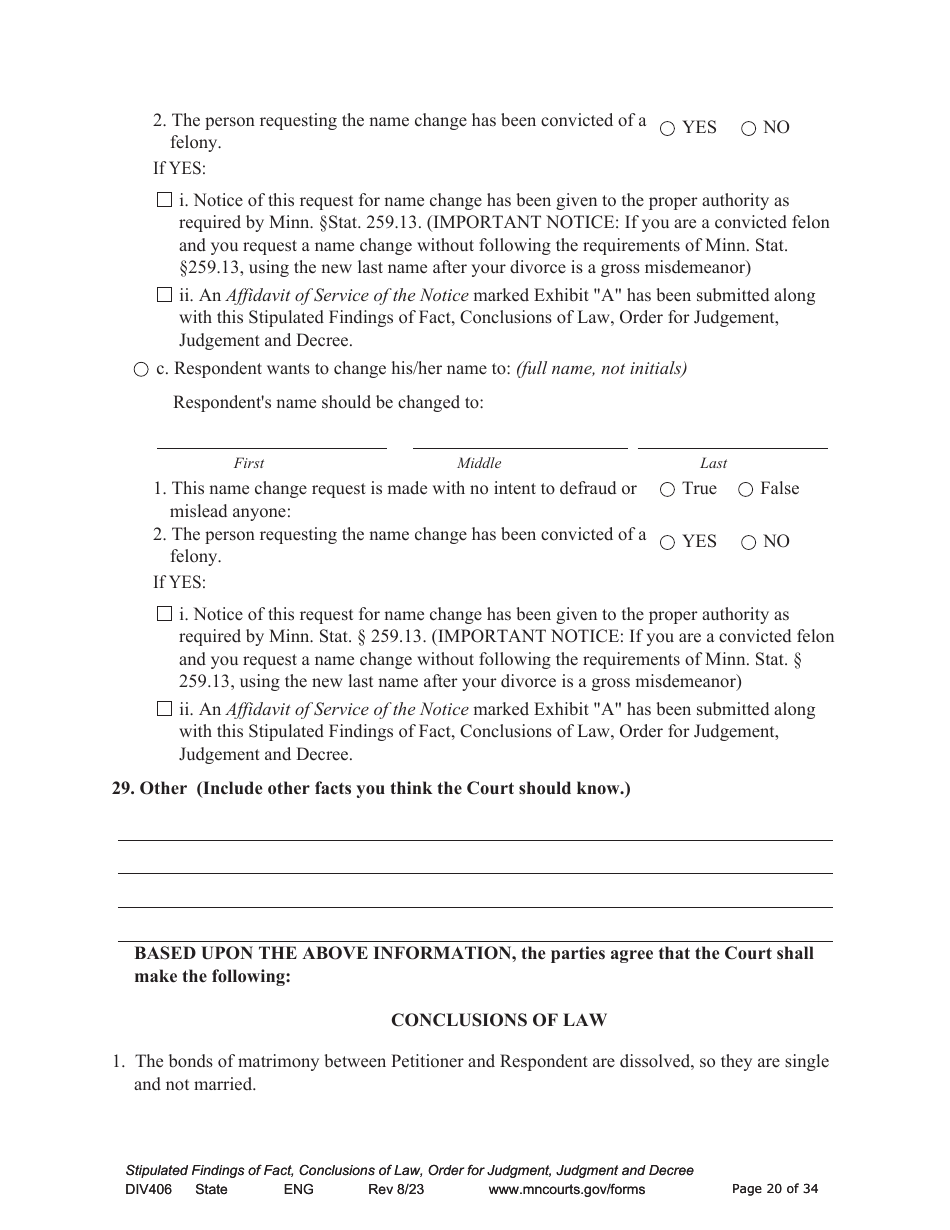 Form DIV406 Stipulated Findings of Fact, Conclusions of Law, Order for Judgment, Judgment and Decree - Minnesota, Page 20