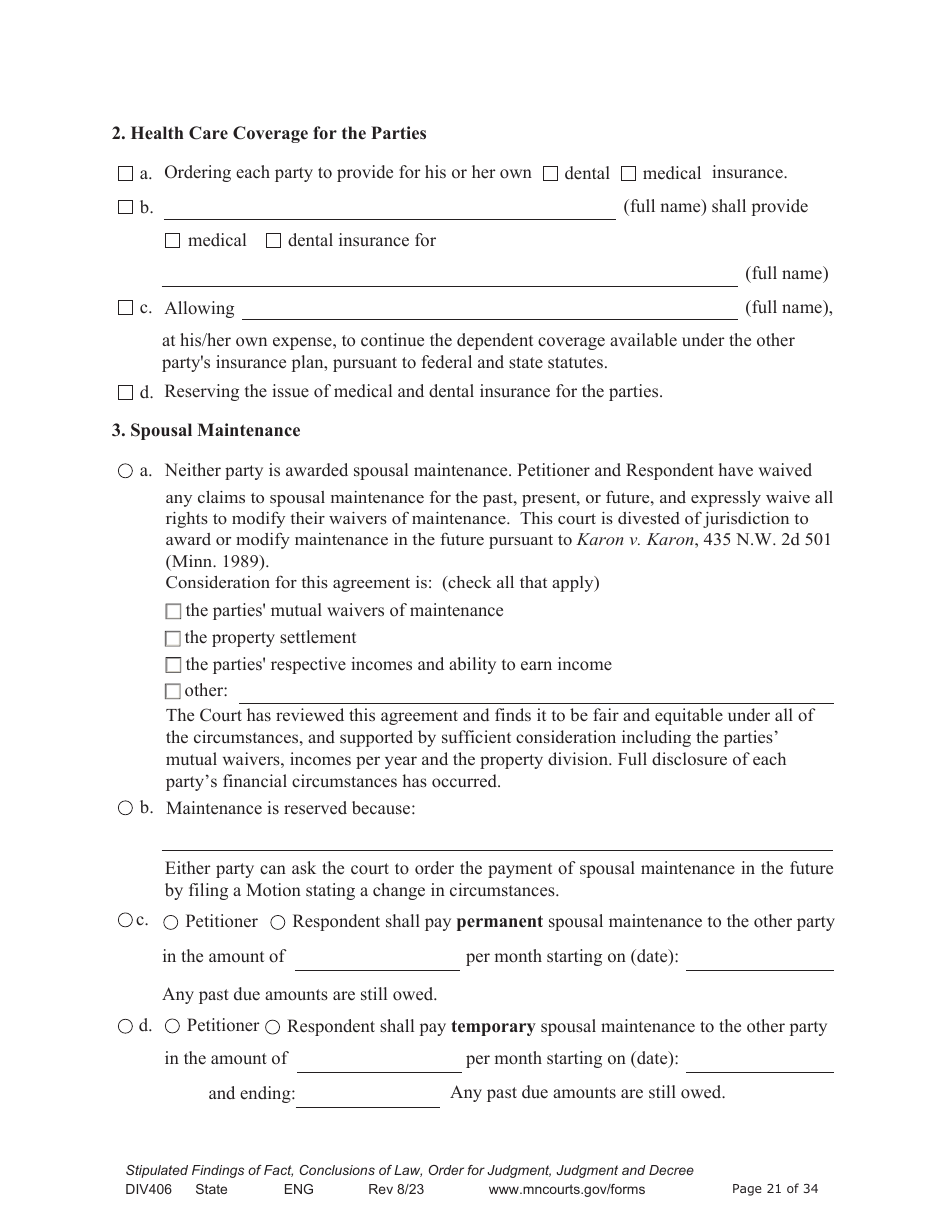 Form DIV406 Stipulated Findings of Fact, Conclusions of Law, Order for Judgment, Judgment and Decree - Minnesota, Page 21