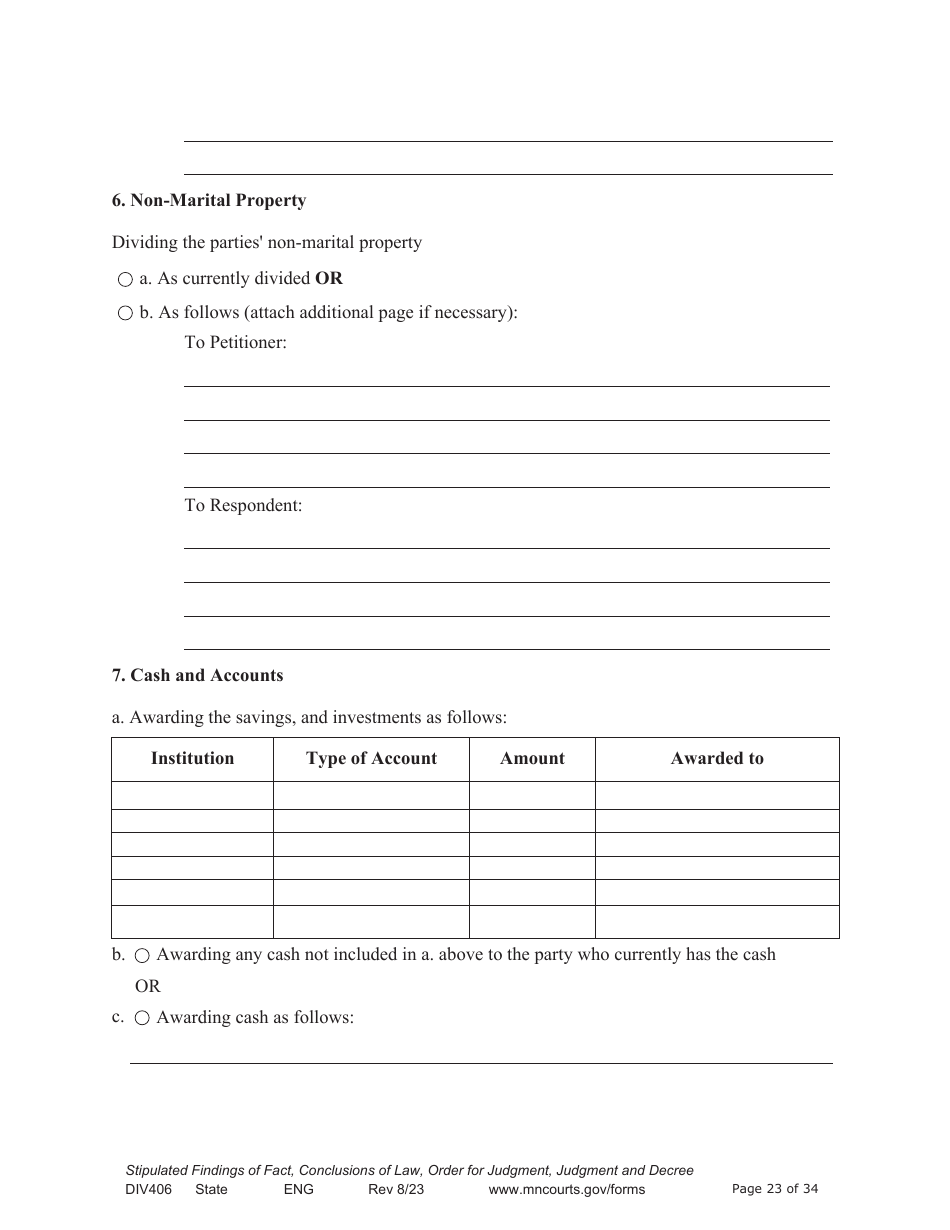 Form DIV406 Stipulated Findings of Fact, Conclusions of Law, Order for Judgment, Judgment and Decree - Minnesota, Page 23