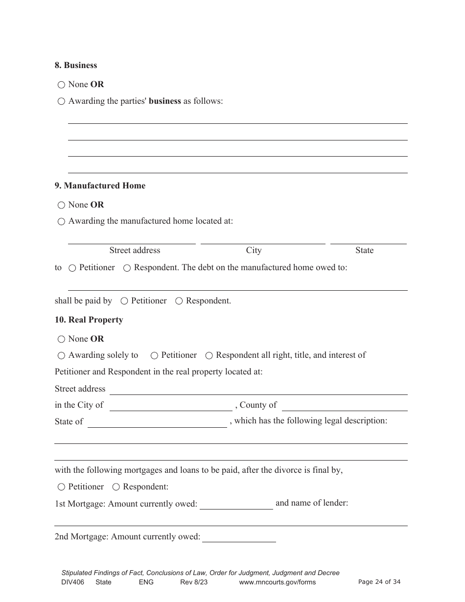 Form DIV406 Stipulated Findings of Fact, Conclusions of Law, Order for Judgment, Judgment and Decree - Minnesota, Page 24