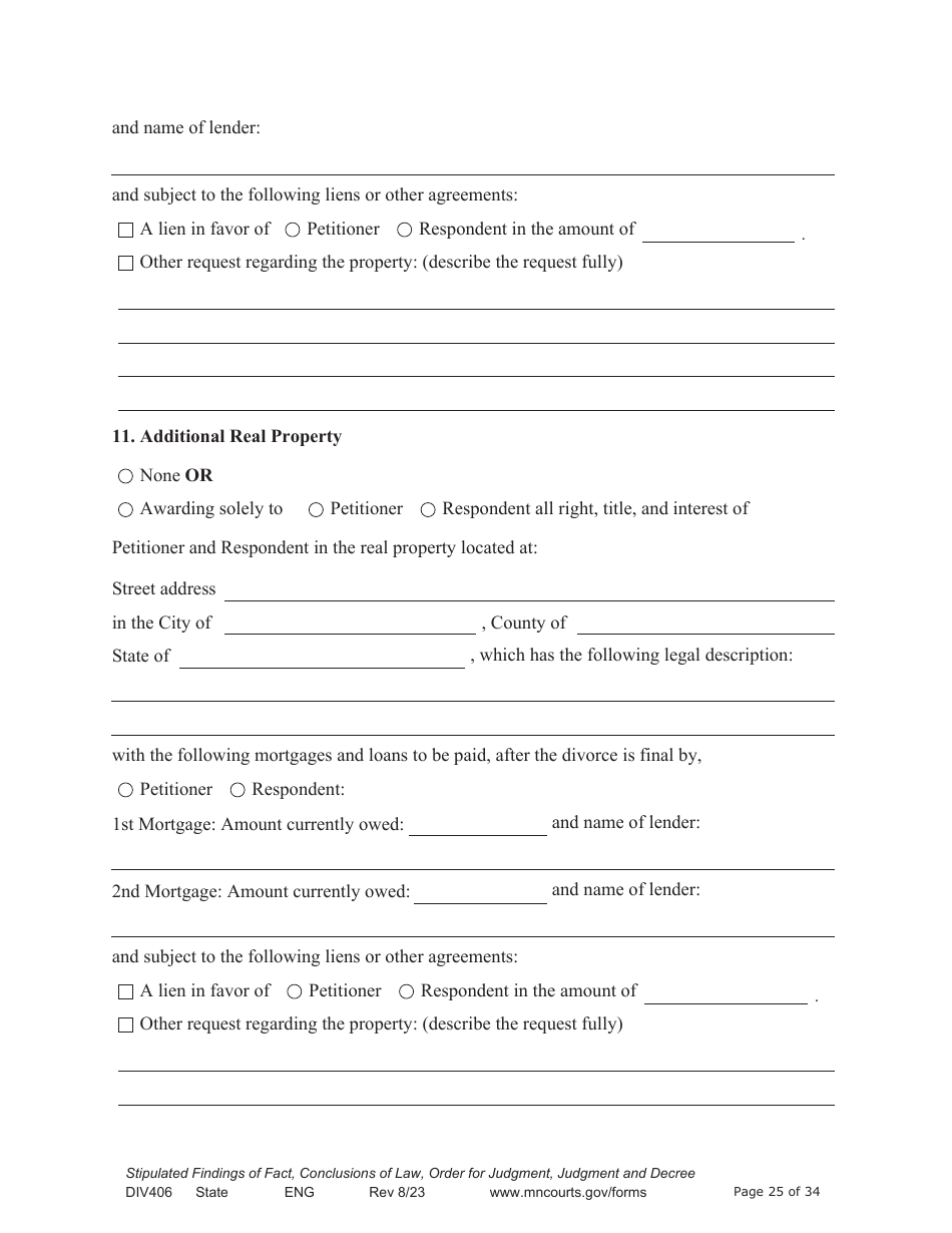 Form DIV406 Stipulated Findings of Fact, Conclusions of Law, Order for Judgment, Judgment and Decree - Minnesota, Page 25