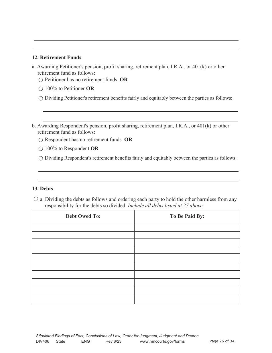 Form DIV406 Stipulated Findings of Fact, Conclusions of Law, Order for Judgment, Judgment and Decree - Minnesota, Page 26